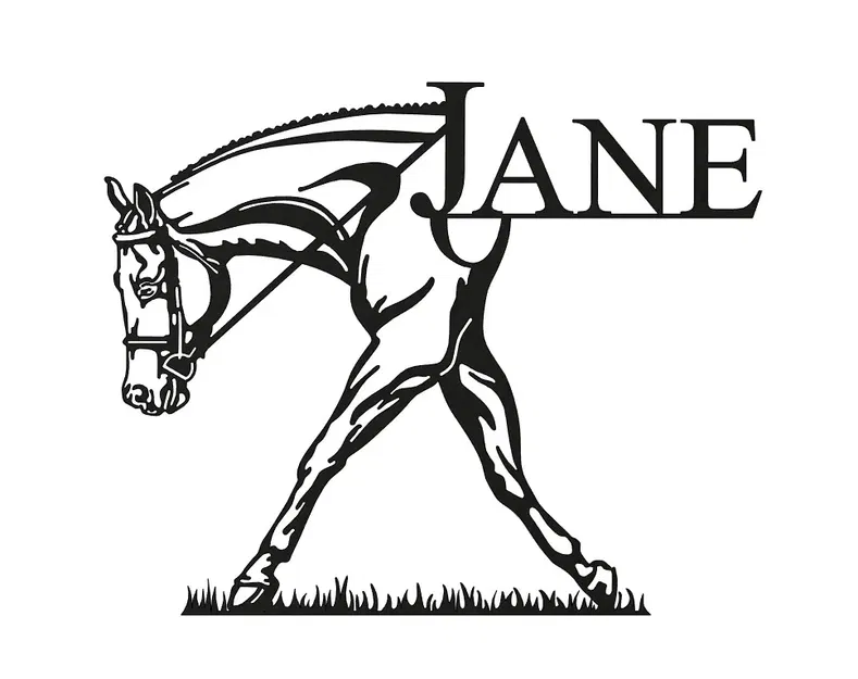 Ngựa Jane đi bộ trên cỏ với bảng tên - Image 1