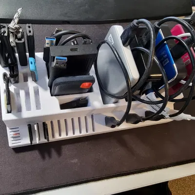 Giá đỡ lưu trữ ổ cứng và thẻ nhớ trên bàn làm việc