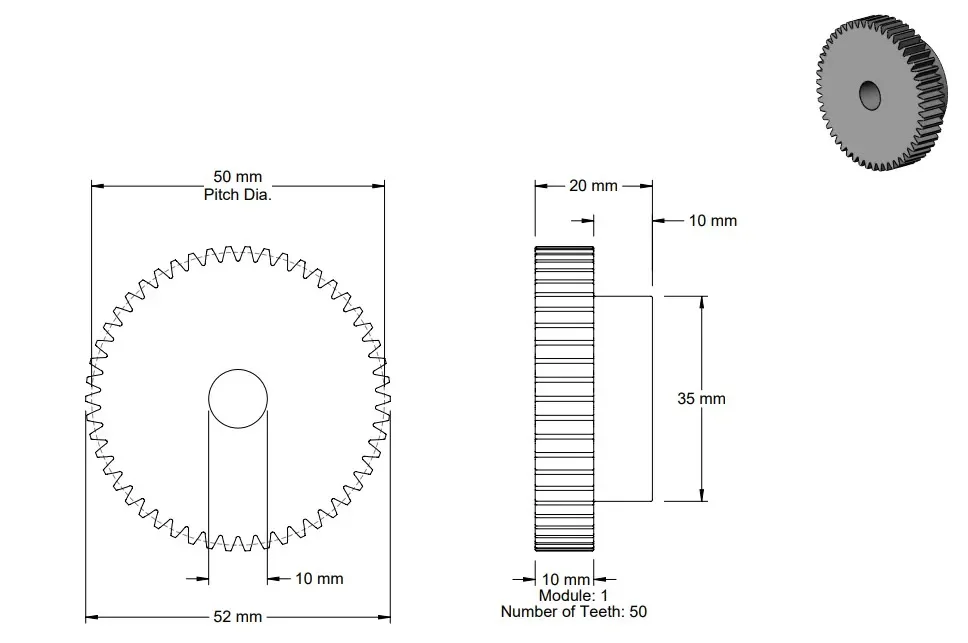 Bánh răng 50 răng cho trục 10mm đường kính 1