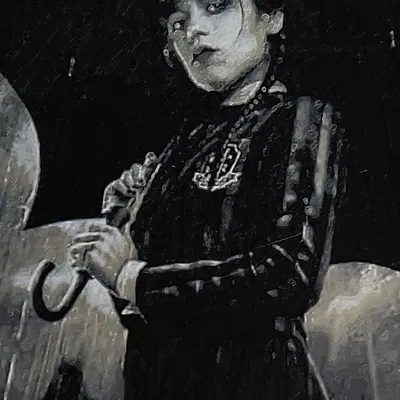 Nhân vật Wednesday Adams cầm ô trong mưa