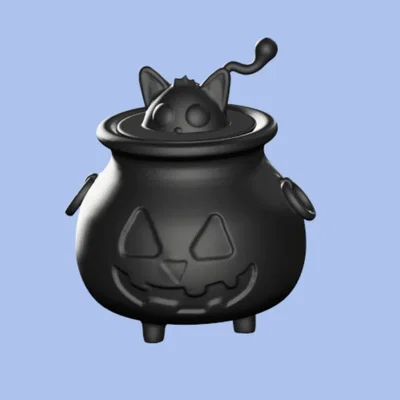Nồi thuốc Halloween hình bí ngô với nắp mèo