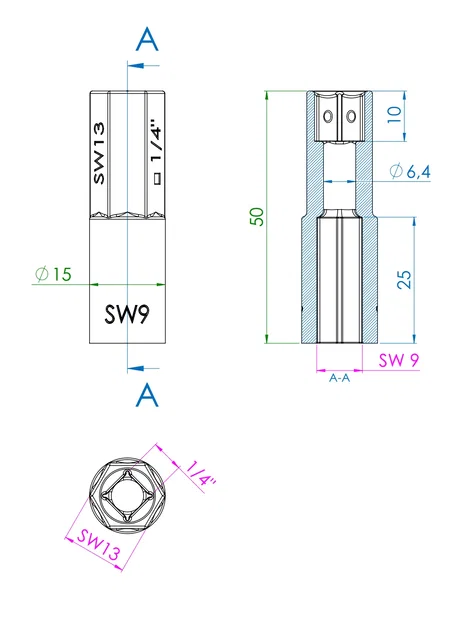 Bộ chuyển đổi SW19-SW13 1/4" cho đai ốc M6 - Image 1