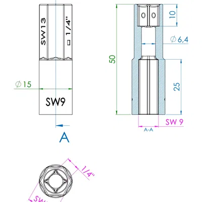 Bộ chuyển đổi SW19-SW13 1/4" cho đai ốc M6