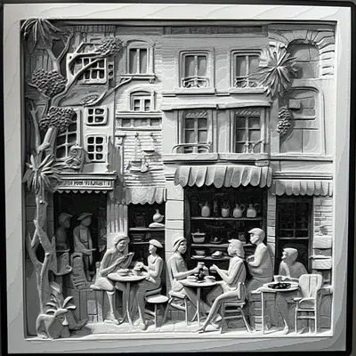 Quán cà phê trong khung tranh 3D