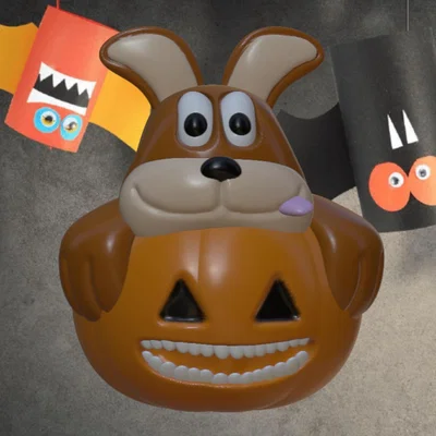 Chú chó con dễ thương ngồi trong quả bí ngô Halloween