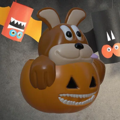 Chú chó con dễ thương ngồi trong quả bí ngô Halloween