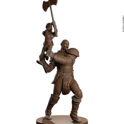 Nhân vật Goliath chiến binh cầm chiến axe với halfling