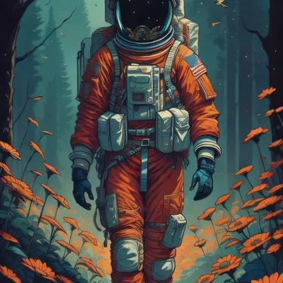 Phi hành gia đơn độc đi qua thung lũng hoa