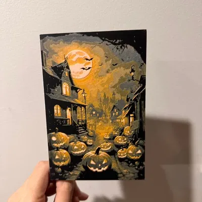 Thẻ chúc mừng Halloween hình ngôi nhà ma quái với bí ngô