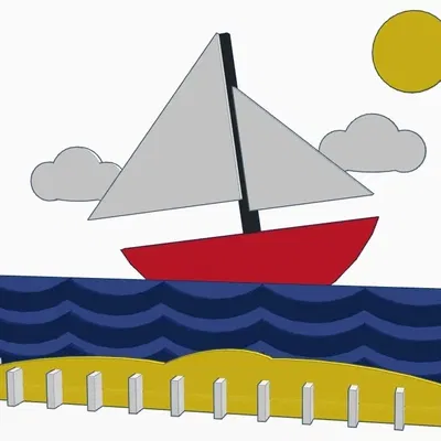 Cảnh biển nhiều màu sắc với thuyền buồm và sóng biển