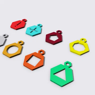 Móc khóa hình lục giác với nhãn in màu sắc đa dạng
