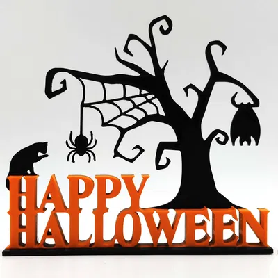 Trang trí bàn Halloween với mèo, nhện và dơi trên cây ma quái