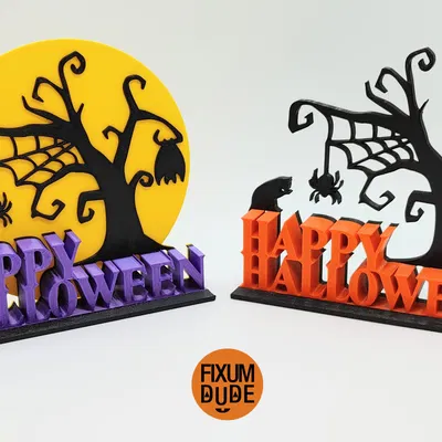 Trang trí bàn Halloween với mèo, nhện và dơi trên cây ma quái