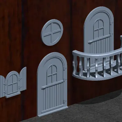 Bộ phận nhà cổ tích với cửa, cửa sổ và ban công