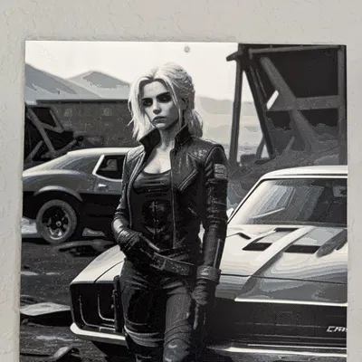 Ciri trong cảnh quan dystopian bên cạnh chiếc Camaro
