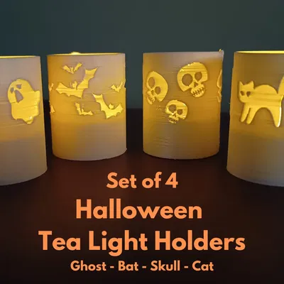 Bộ 4 giá đỡ nến Halloween hình ma, mèo, dơi và đầu lâu