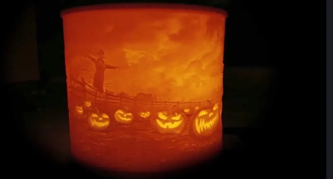 Đèn lithophane hình cảnh Halloween với nắp hình dơi - Image 1