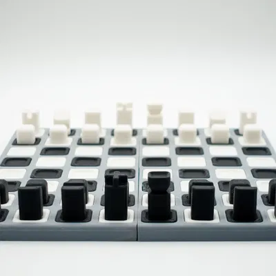 Bộ cờ vua tối giản với bàn cờ phân đoạn và giá đỡ quân...