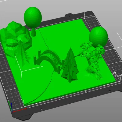 Rừng mini với cây cối, sông, cầu và núi