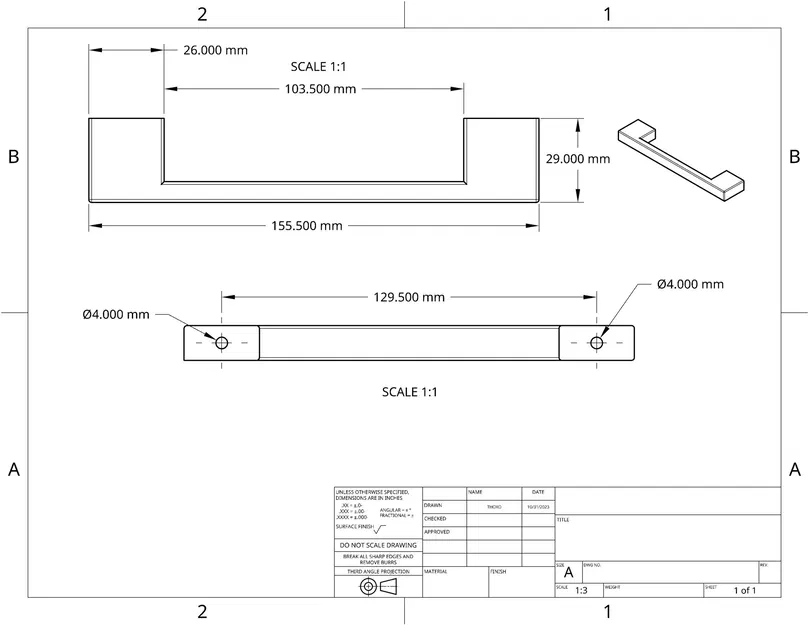 Tay nắm tủ 155.5mm / 129.5mm với lỗ khoan 4mm - Image 2