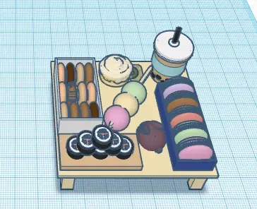 Đĩa thức ăn với bánh donut, sushi, macarons, dango, boba, và một cuộn quế! :) - Image 1