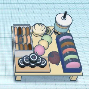 Đĩa thức ăn với bánh donut, sushi, macarons, dango, boba, và một cuộn quế! :)