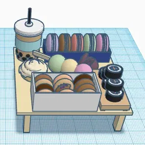 Đĩa thức ăn với bánh donut, sushi, macarons, dango, boba, và một cuộn quế! :)