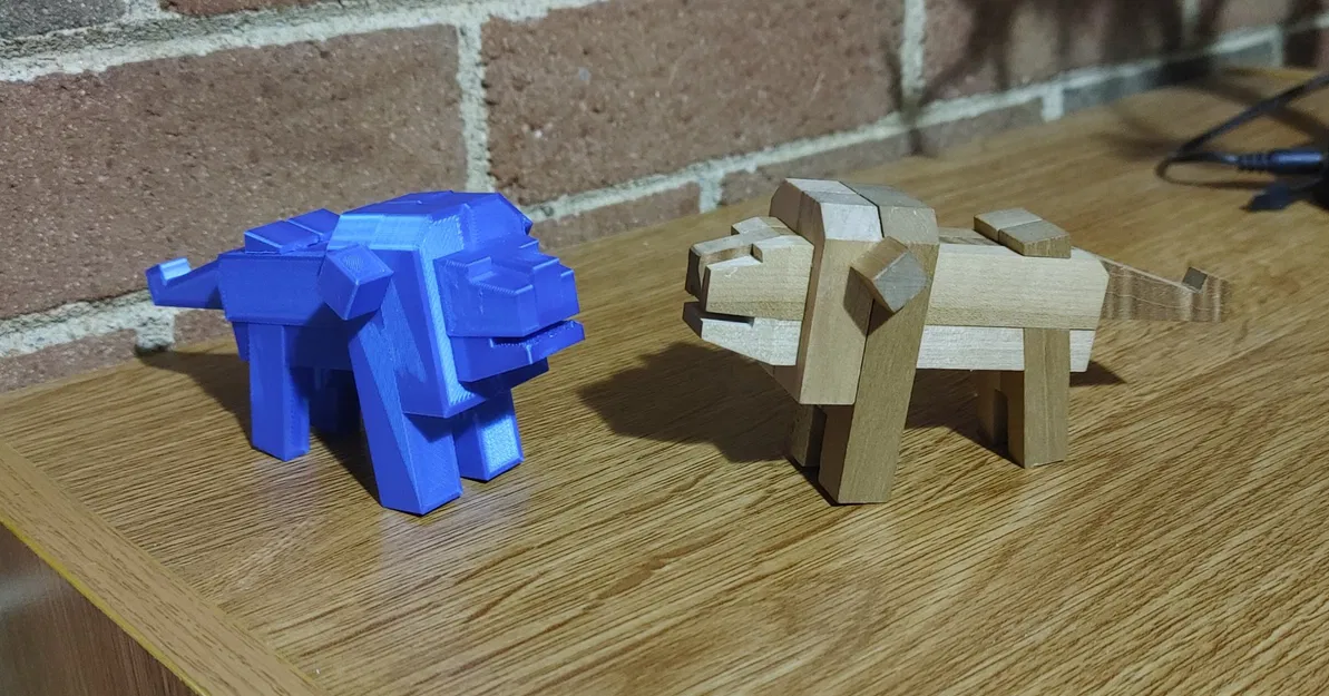 Câu đố gỗ Nhật Bản "Kumiki" hình sư tử vintage - Image 1