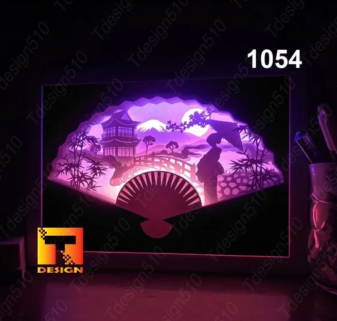 Hand fan Geisha Scene in Japan light box - Image 1