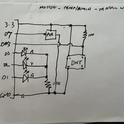 Wemos D1 mini with shield, PIR (HC-SR501), DHT22 and 3 leds