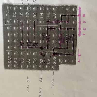 Wemos D1 mini with shield, PIR (HC-SR501), DHT22 and 3 leds