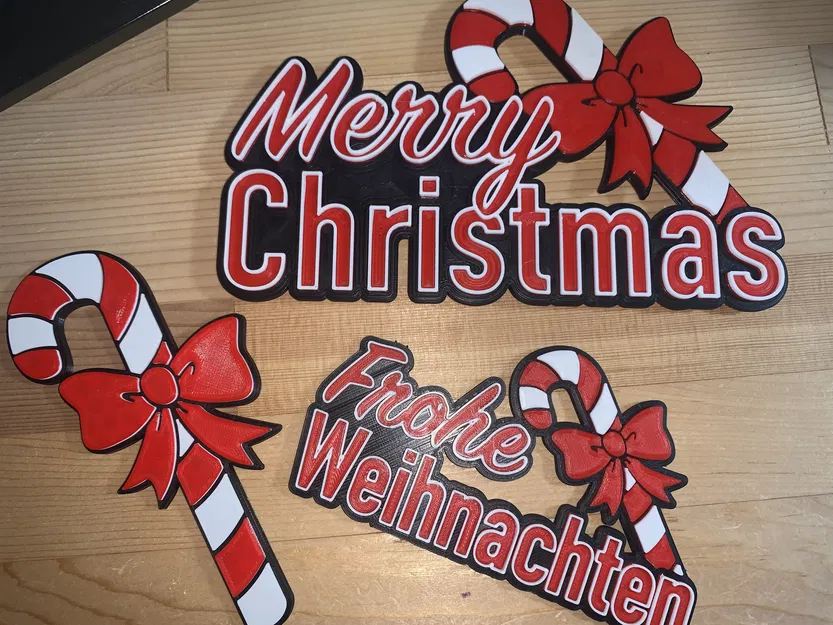 Biển "Frohe Weihnachten / Merry Christmas" 3 màu hình cây kẹo - Image 2