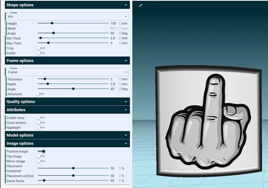 Hình Ngón Giữa Lithophane Cong 80 Độ Khổ 100x100 - Image 2
