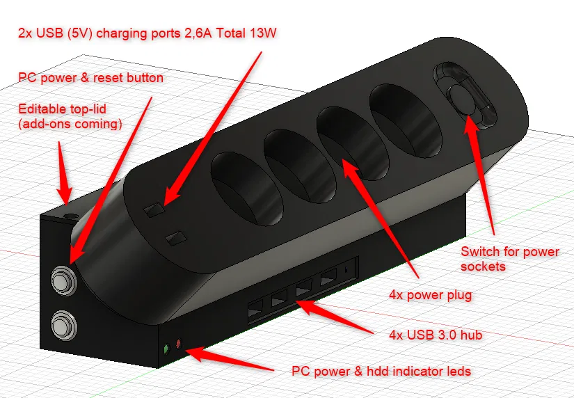 Hub Đa Năng Cho Bàn Làm Việc (Nguồn, USB-Sạc, Cổng USB, Nút Bật/Reset PC, Đèn Báo) - Image 1