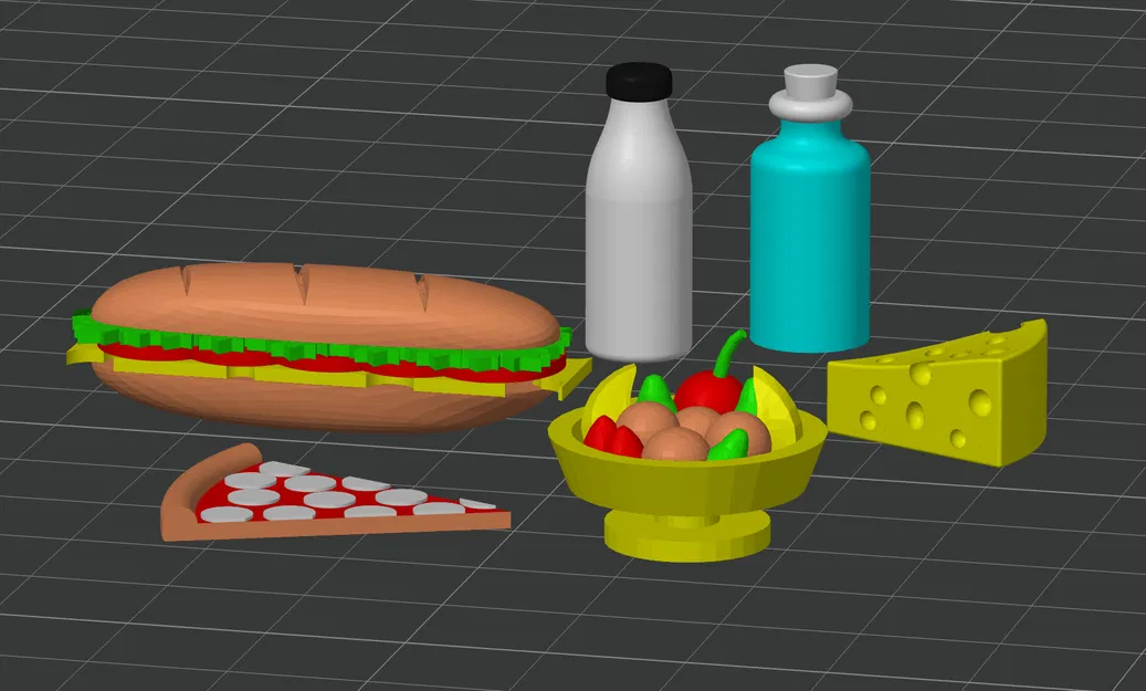 Đồ ăn nhà búp bê: Bánh mì, Trái cây, Pizza, Phô mai, Chai lọ (Tô màu sẵn cho Bambu MMU) - Image 1