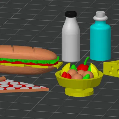 Đồ ăn nhà búp bê: Bánh mì, Trái cây, Pizza, Phô mai, Chai lọ (Tô màu sẵn cho Bambu MMU)