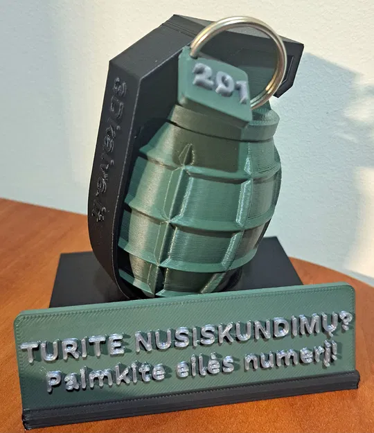 Mô hình Lựu đạn có chân đế và chú thích: "Có khiếu nại - lấy số thứ tự..." - Image 1