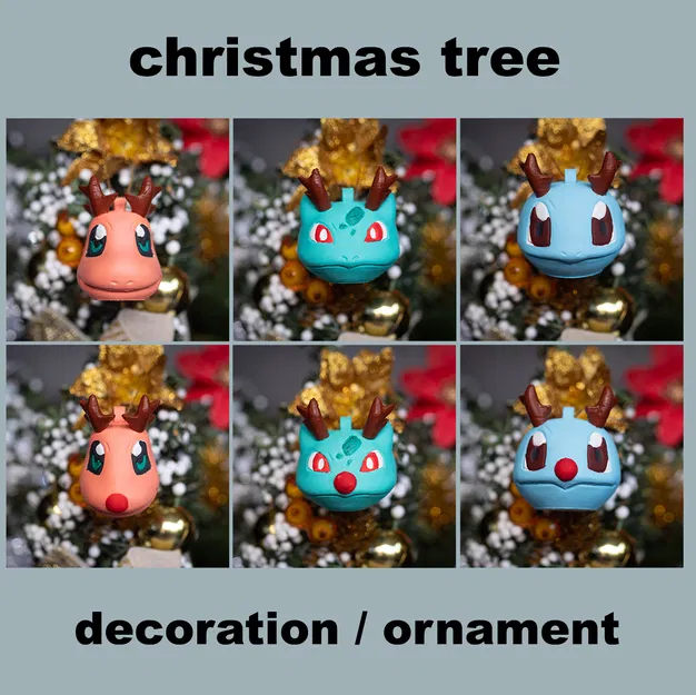 Đồ trang trí cây thông Noel Pokemon Kanto Starter phiên bản tuần lộc - Image 1