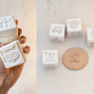 Bộ Dấu Khối Lập Phương - Động Vật, Phương Tiện & Thiên Nhiên - Dùng Cho Bột Nặn & Đất Sét