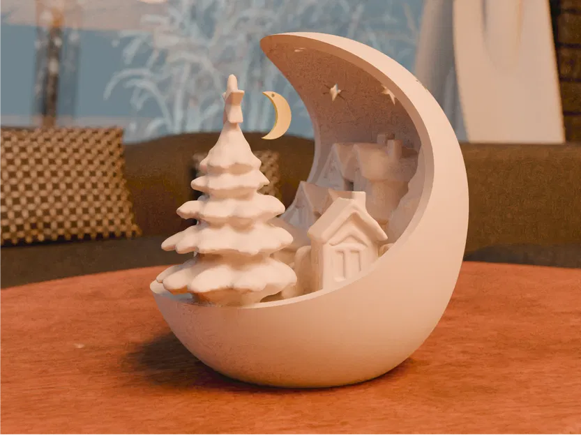 Chén Giáng Sinh: Làng Mùa Đông Có Cây Thông và Mặt Trăng Treo - Image 1