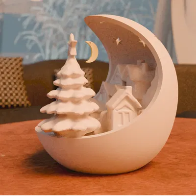 Chén Giáng Sinh: Làng Mùa Đông Có Cây Thông và Mặt Trăng Treo