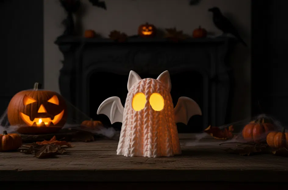 Giá Đỡ Nến LED Ma Sò Len "Spooky Knit Ghost" Cho Halloween - Image 1