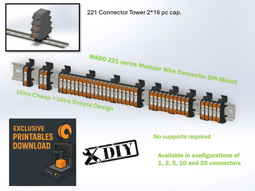 Đế Gắn Ray DIN Cho Đầu Nối WAGO 221 Tự In 3D - Image 1