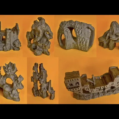 Bộ 7 món Đồ Trang Trí Thủy Sinh, Terrarium: Đá, Cây, Tàn Tích, Thuyền