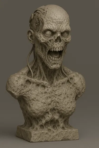 Tượng Đầu Zombie Cyborg Ghê Rợn – Tác Phẩm Điêu Khắc Kinh Dị Khoa Học Viễn Tưởng – Halloween - Image 1