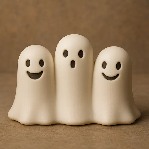 Bộ ba ma dễ thương đứng cùng nhau, mỗi con một biểu cảm khác nhau (vui vẻ, ngạc nhiên, mỉm cười) - Image 1