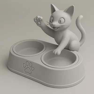 Bát Ăn Mèo Hình Mèo Vẫy Tay – Bát Đựng Thức Ăn & Nước Uống 3D In Hai Ngăn