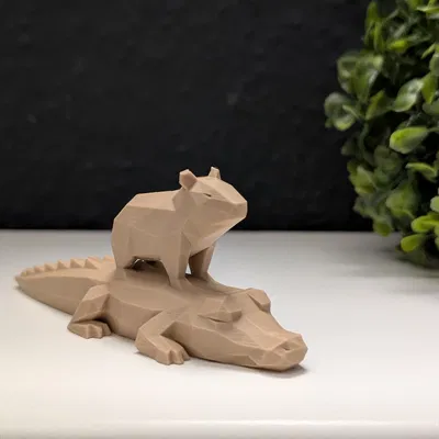 Capybara Low Poly Đậu Trên Lưng Cá Sấu Ngủ