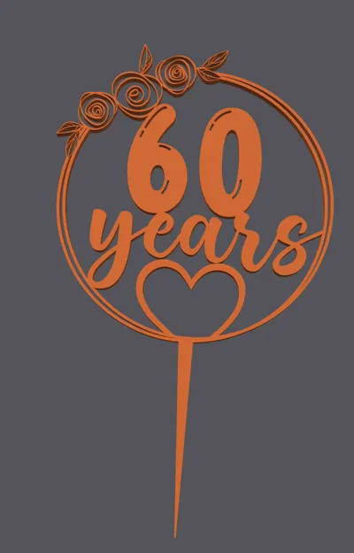 Topper bánh – Trái tim 60 tuổi | Cake Topper – Heart with 60 Years | 3D Print - Image 1
