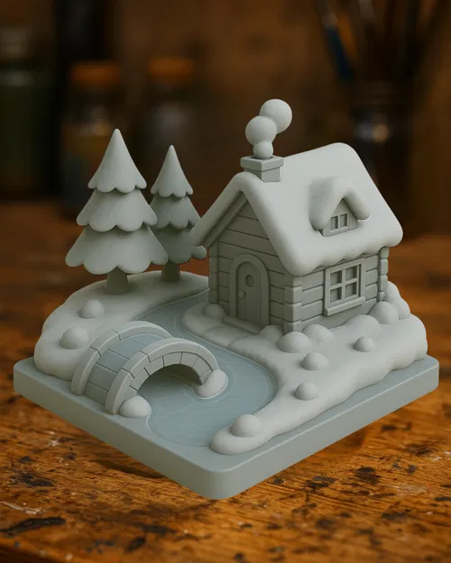 Diorama Căn Cabin Mùa Đông – Cảnh Nhà Phủ Tuyết kèm Cầu - Image 1